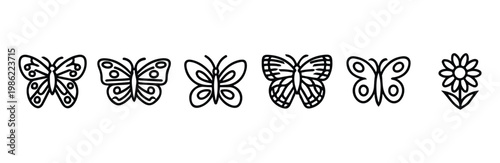 Assorted butterfly species and single flower vector illustrations in thin line drawing style