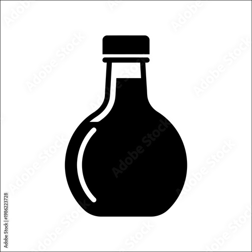 A simple black silhouette of a glass bottle with a cap on a white background, creating a clean and minimalist design.