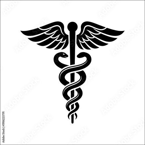 The medical caduceus symbol is depicted in silhouette against a plain white background, showcasing its iconic design with two snakes coiled around a staff with wings at the top.