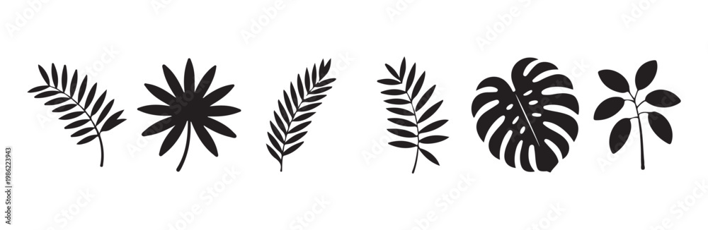 Obraz premium Exotic tropical leaf silhouettes collection of monochrome botanical elements for print design