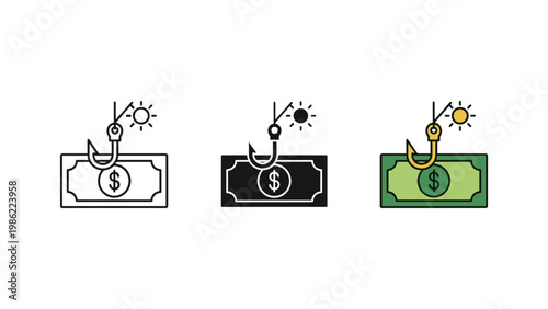 A dollar bill hanging on a fishing hook, symbolizing financial bait, fraud, or attracting money.