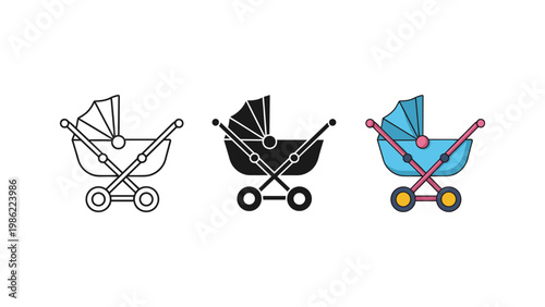 A classic baby stroller, also known as a pram or pushchair, designed for infants, presented in multiple graphic styles.