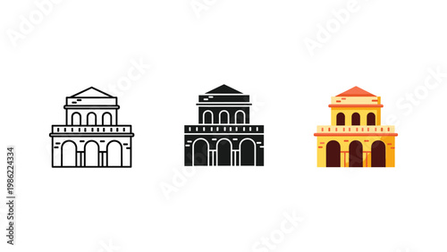 An iconic historical building resembling a Roman colosseum or ancient amphitheater is depicted in three unique styles.