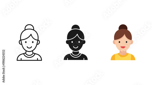 A stylized female avatar with hair tied in a bun is shown in three clean graphic interpretations.