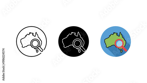 A magnifying glass over a map of Australia, symbolizing search or discovery, is shown in three styles.