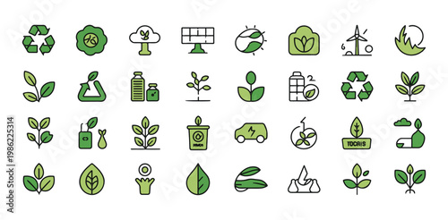 Green eco friendly line icons collection featuring plants renewable energy and recycling art
