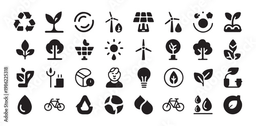 Ecological sustainability icons set for green energy environmental protection and recycling