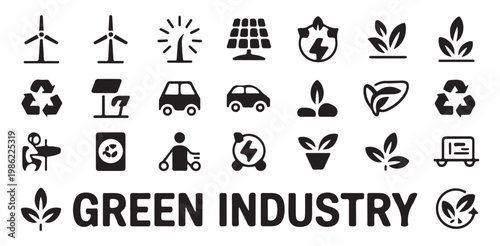 Green industry silhouette icons for sustainable business renewable power and eco technology