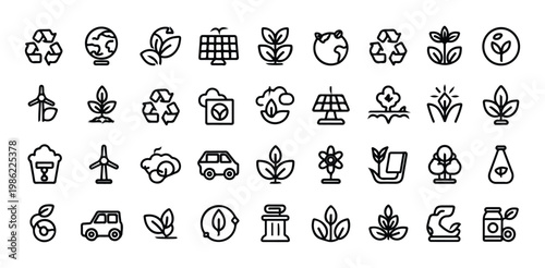 Ecological outline icons pack for renewable energy recycling and nature conservation design