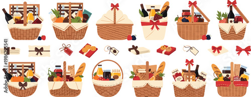 Gourmet picnic and gift basket set with wine bread cheese and fruit collection of flat vector illustrations for celebration food delivery summer holidays and romantic outing theme design isolated on w