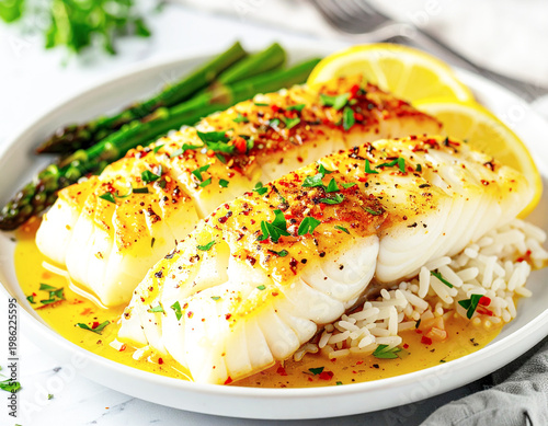 Baked cod in a zesty lemon garlic paprika sauce, closeup. AI