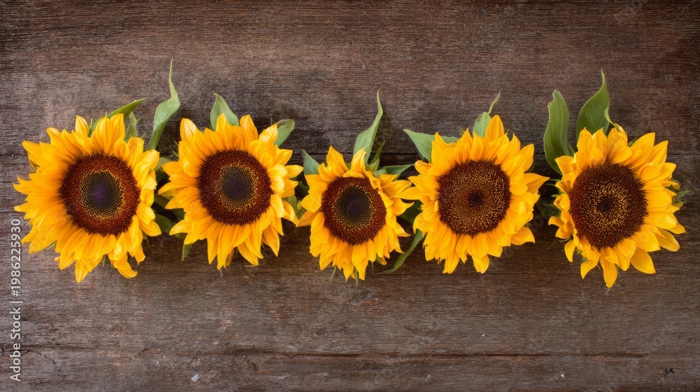 Obraz premium sunflowers. Sunflowers arranged on a rustic wooden surface, vibrant yellow petals with dark centers in soft light. event programs. 