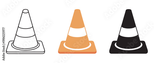 Traffic cone icon flat and line logo set, construction signal symbol, black outline filled styles, road safety sign, road trip icon, vector illustration