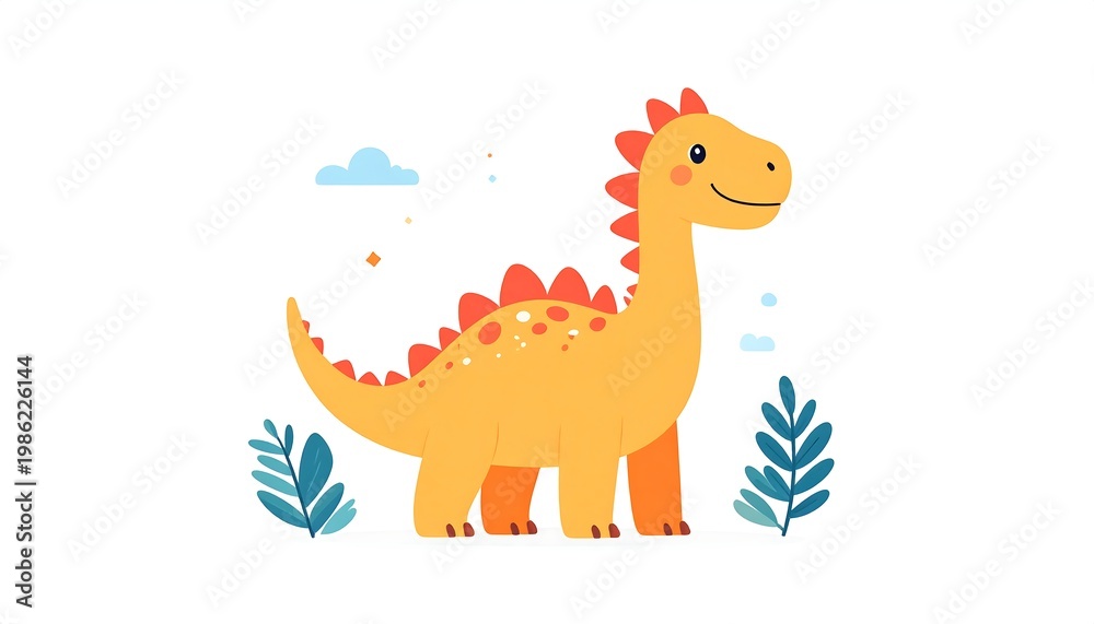Naklejka premium Cute Orange Cartoon Dinosaur with Red Spikes.