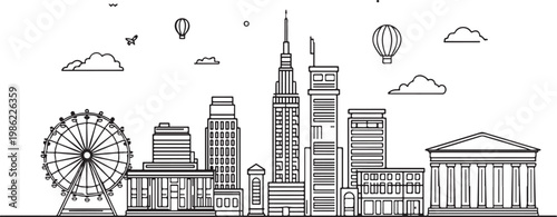 Skyline illustration featuring iconic buildings and landmarks in a whimsical cityscape Vector, illustration