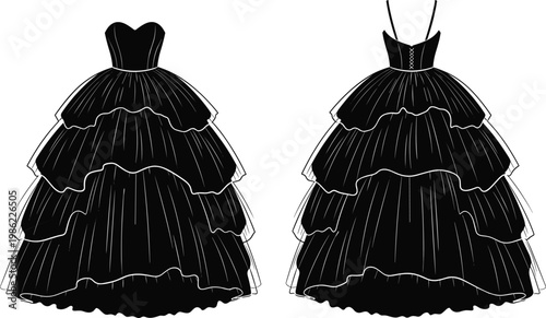 Black Tiered Ball Gown with Sweetheart Corset Bodice and Multi-Layer Ruffled Skirt, Dramatic Princess Dress Front and Back View