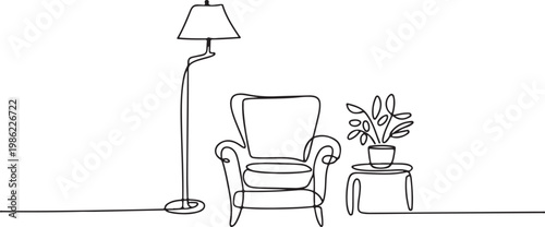 Continuous line drawing of a minimalist living room interior. Features a cozy armchair, floor lamp, and potted plant. Modern design for home decor aesthetics