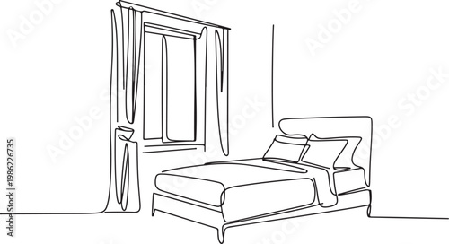 Minimalist bedroom interior continuous line art drawing featuring a comfortable bed, window, and nightstand for a contemporary home design concept