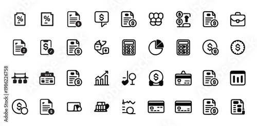 Collection of black and white finance and business icons featuring percentage, documents, and money