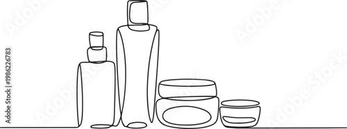 A minimalist artistic line drawing showcasing a collection of skincare product containers, highlighting a clean and modern aesthetic