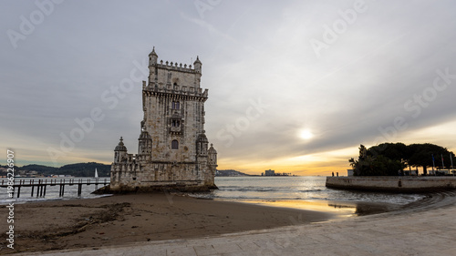 Late afternoon sunset view of Belem Tower on the Tagus River in the city of Lisbon in Portugal PRT