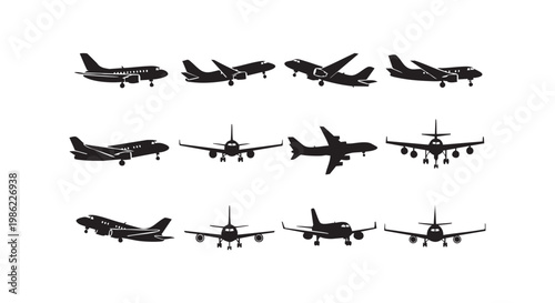 Airplane silhouettes in different flight angles and perspectives vector illustration for aviation and travel industries.