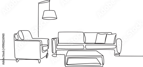 Minimalist Living Room Furniture A Single Line Drawing of a Sofa, Armchair, Coffee Table, and Floor Lamp