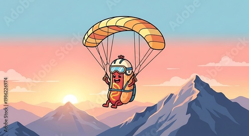 A cartoon hot dog, wearing a helmet and goggles, parachutes over a mountain range during a sunset