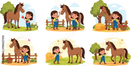 Cute little girl caring for brown horse character set collection of flat vector illustrations for children stickers farm animal education grooming and countryside lifestyle theme design isolated on wh