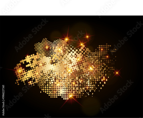 Gold grunge halftone spot. Golden dotted brushstroke bg