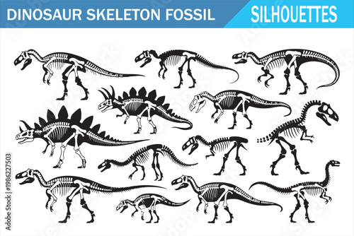 Black dinosaur fossil silhouettes pack with ancient skeleton creatures isolated background
