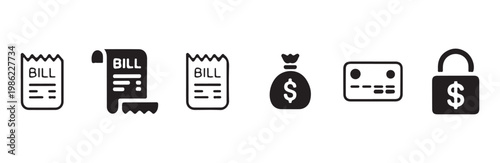 Financial document and payment icons including billing paper money bag and bank card design