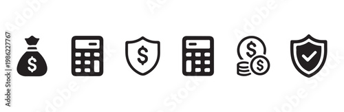 Financial management icon set. money bag, calculator, shield, and coins for secure finance