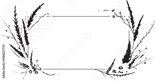 Elegant botanical illustration of ornamental grasses and delicate flowers in a circular frame Vector, illustration