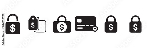 Money security and card icons set featuring lock symbols price tags and bank card graphics