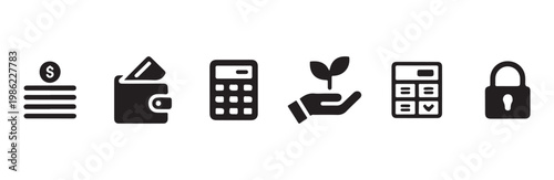 Financial management icons. money, wallet, calculator, growth, and security symbols