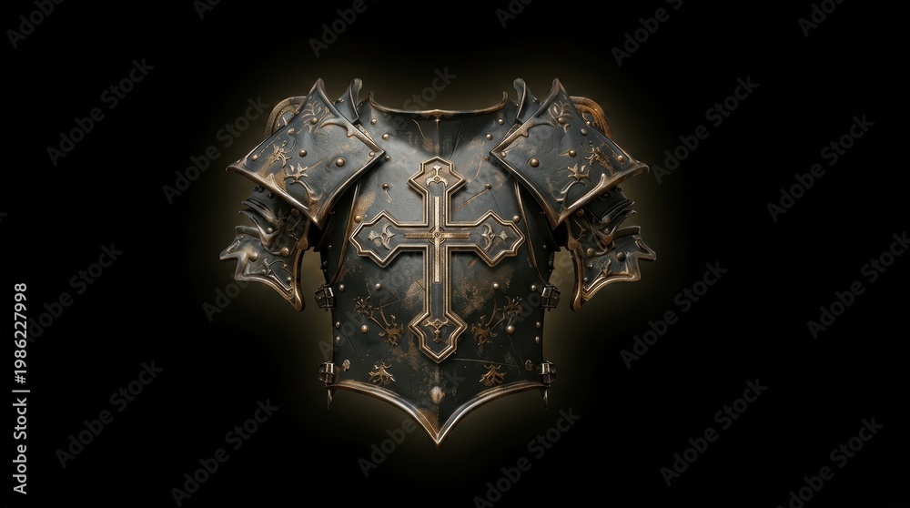 Fototapeta premium Medieval armor with ornate cross and floral motifs on black background, Armor of Christ concept.