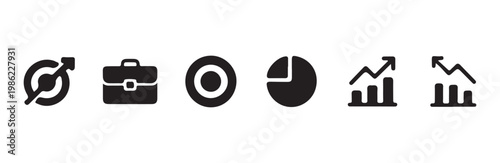 Set of business and finance icons with target, briefcase, pie charts, and bar graphs