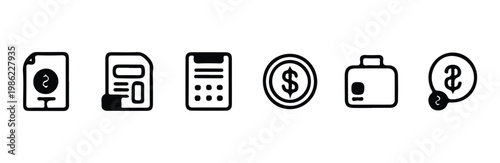 Set of financial documents and money icons including bills, receipts, coins, and wallets