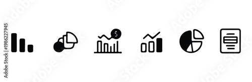 Set of data visualization icons featuring bar graphs, pie charts, and financial reports