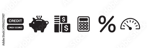 Financial planning tools featuring piggy bank calculator percentage and credit score meter