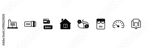 Home mortgage and credit score icons set featuring bank card real estate and speed gauge art