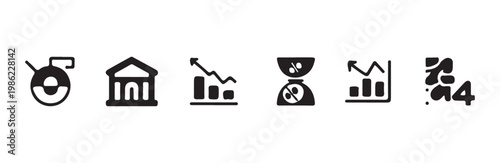 Banking and economic growth statistics icons featuring bar charts and interest rate symbols
