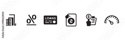 Investment and loan processing icons with percentage signs money bags and speed measurement
