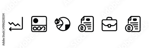 Finance and business icons showing graph, credit card, pie chart, document, briefcase