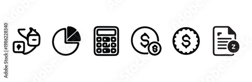 Business and finance icons including calculator, pie chart, coins, and document