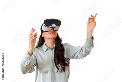 Woman experiencing virtual reality wearing vr headset, interacting with metaverse content, transparent background