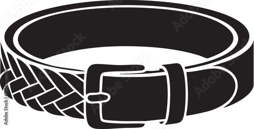 Black and white illustration of a braided leather belt with buckle detail closeup