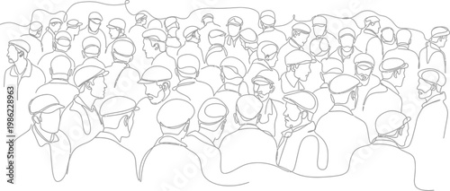 Minimalist Continuous Line Art Illustration of a Large Crowd of People Wearing Caps