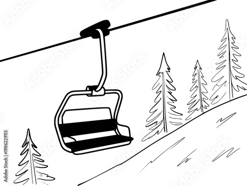 Black and white line of a ski lift chair with pine trees a snowy slope cable winter